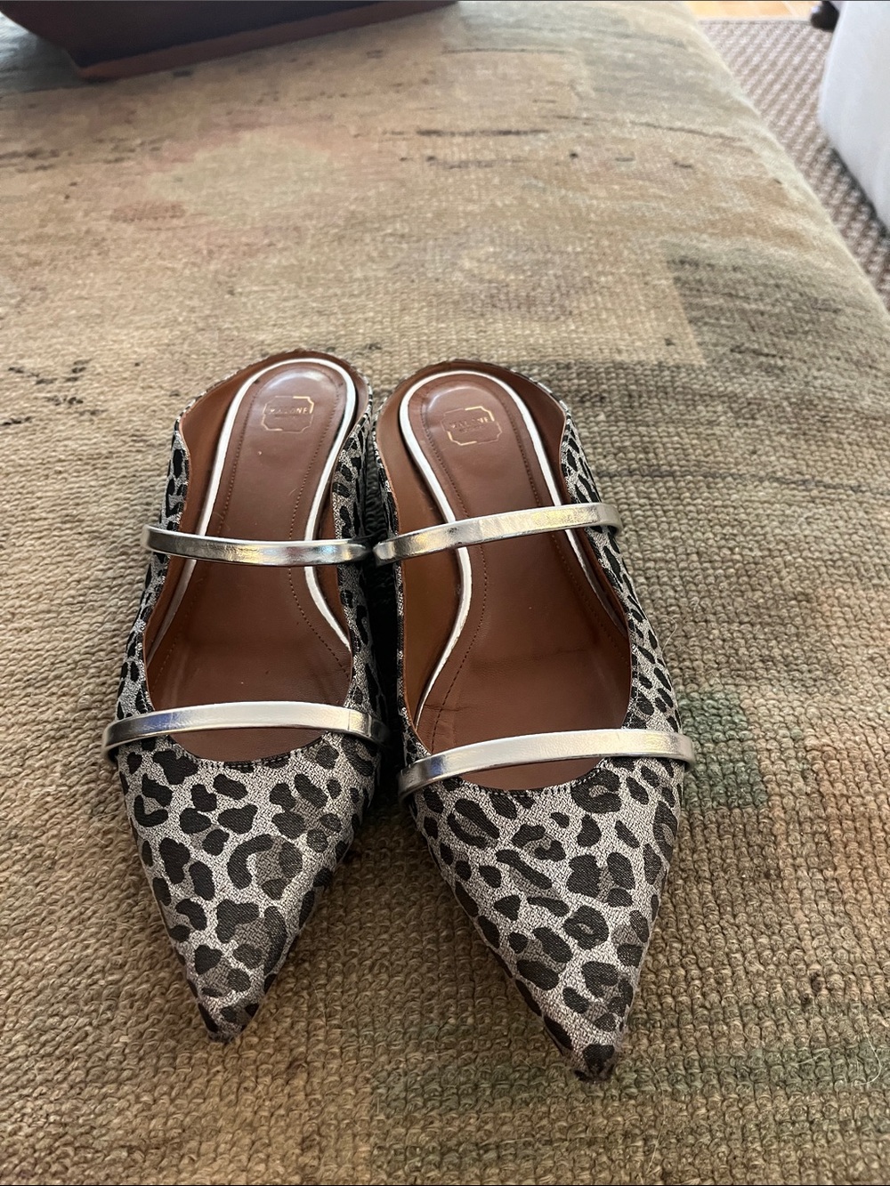 Pointed Leopard Print Slip-On Flats with Metallic Straps Malone Souliers Maureen